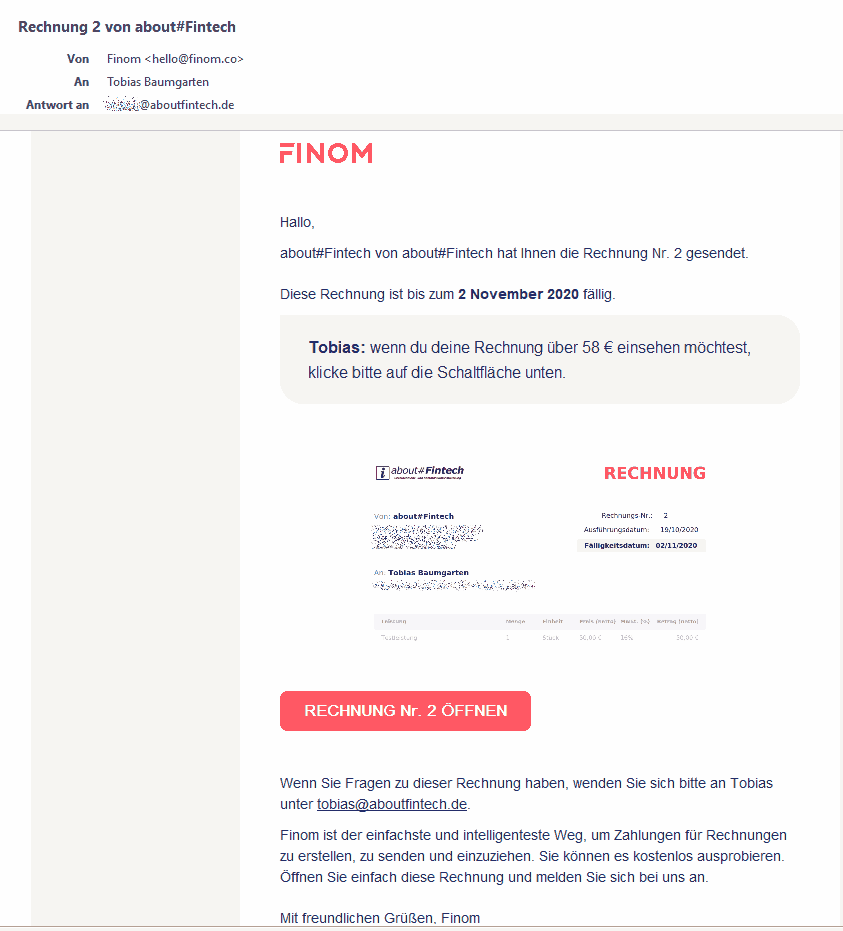 Mail aus dem Finom-Rechnungssystem im Stile einer Phishing-Mail.