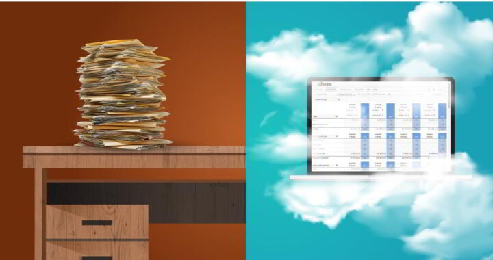 Das Bild zeigt links einen Papierberg auf einem Schreibtisch und rechts einen Computerbildschirm in Wolken